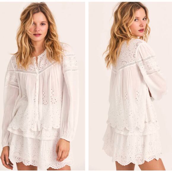 LOVESHACKFANCY Badyn Blouse Eyelet Lace Inset True White {2C53} - Picture 1 of 2